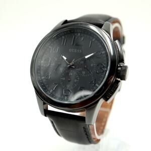 Guess Mens Black Jumbo 46mm Calendar Watch Stealth Leather Strap w New Battery